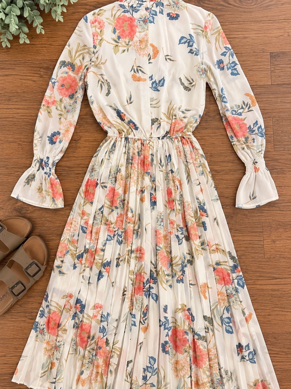 American Darling Ivory Pleated Floral Midi Dress with Coral & Blue Accents